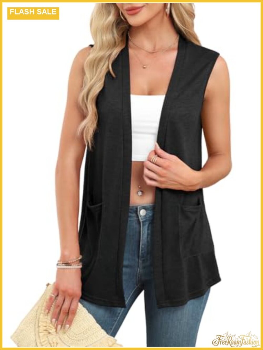 Women's Lightweight Sleeveless Cardigan Vest with Pockets